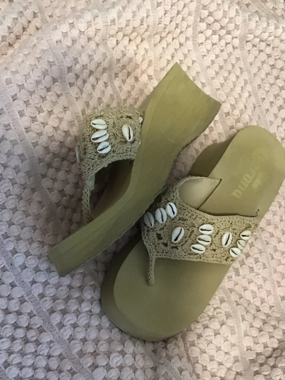 Corona Beige Crochet Platform Sandals with Cowrie Shells
